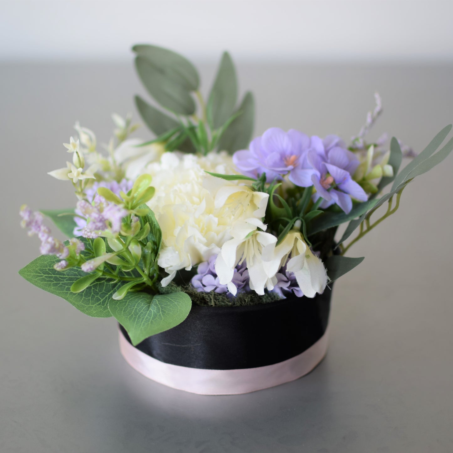 A - January Birth Month Box Bouquet - Purple Carnations and Snowdrop