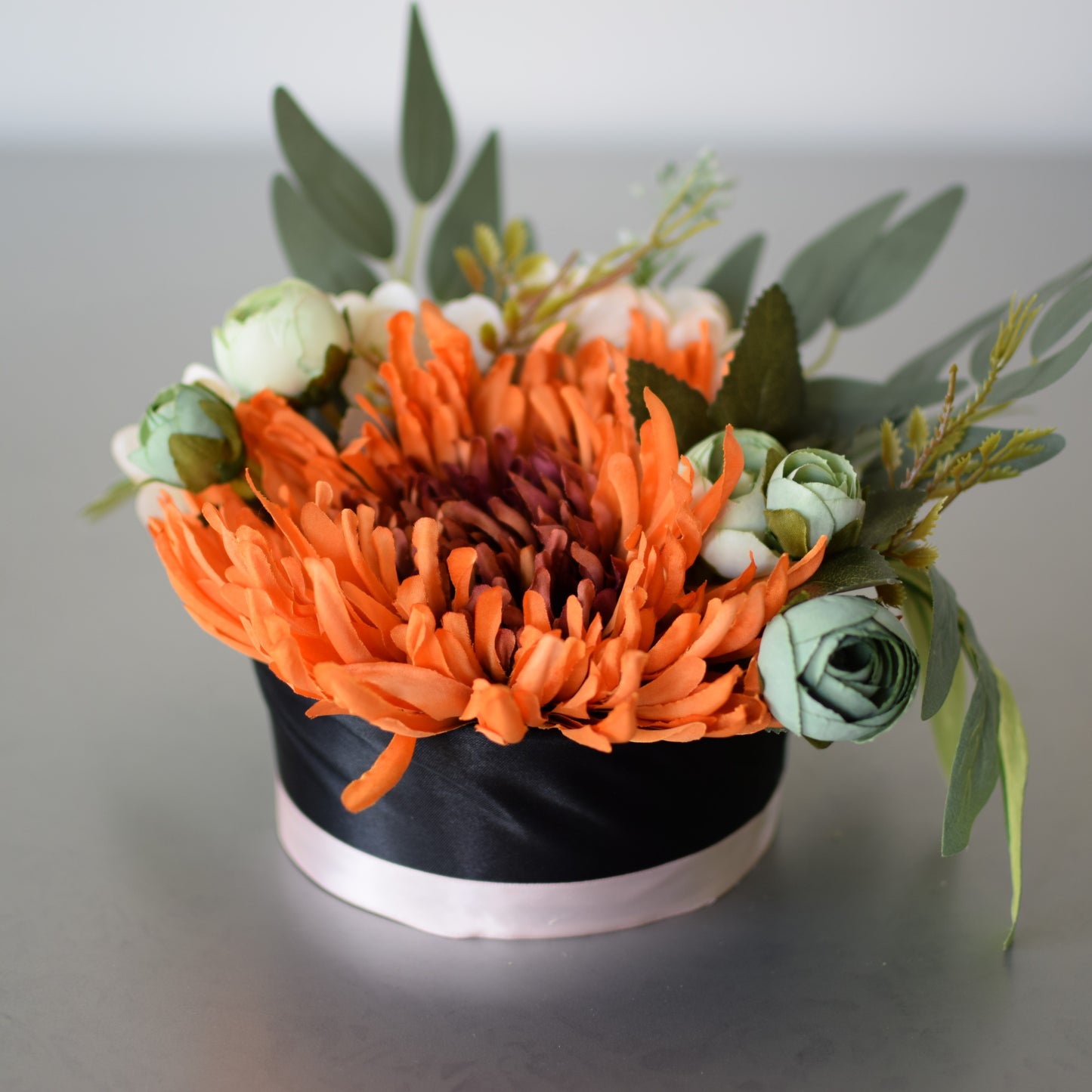 K - November Birth Month Box Bouquet - Orange Chrysanthemum and Green Peonies