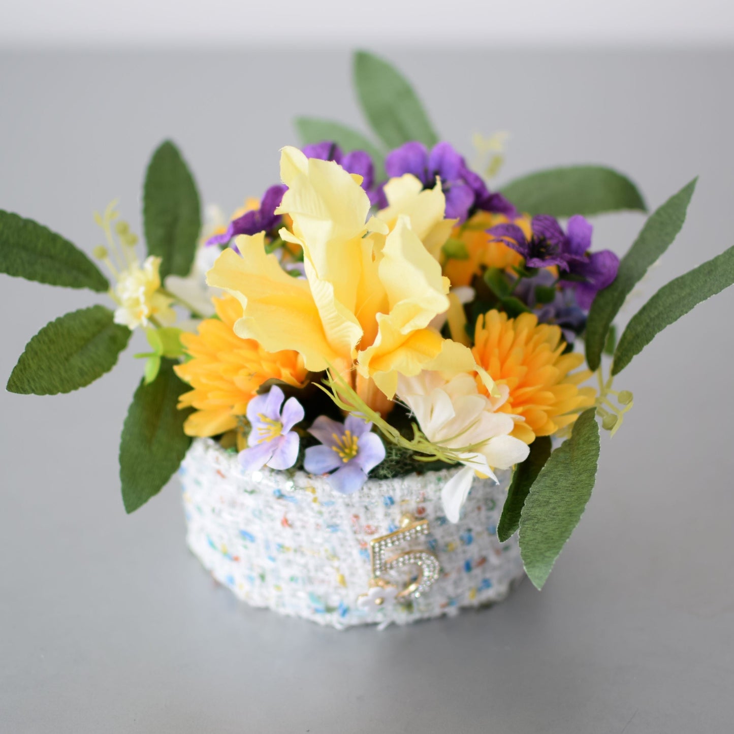 B - February Birth Month Box Bouquet - Violets and Yellow Iris