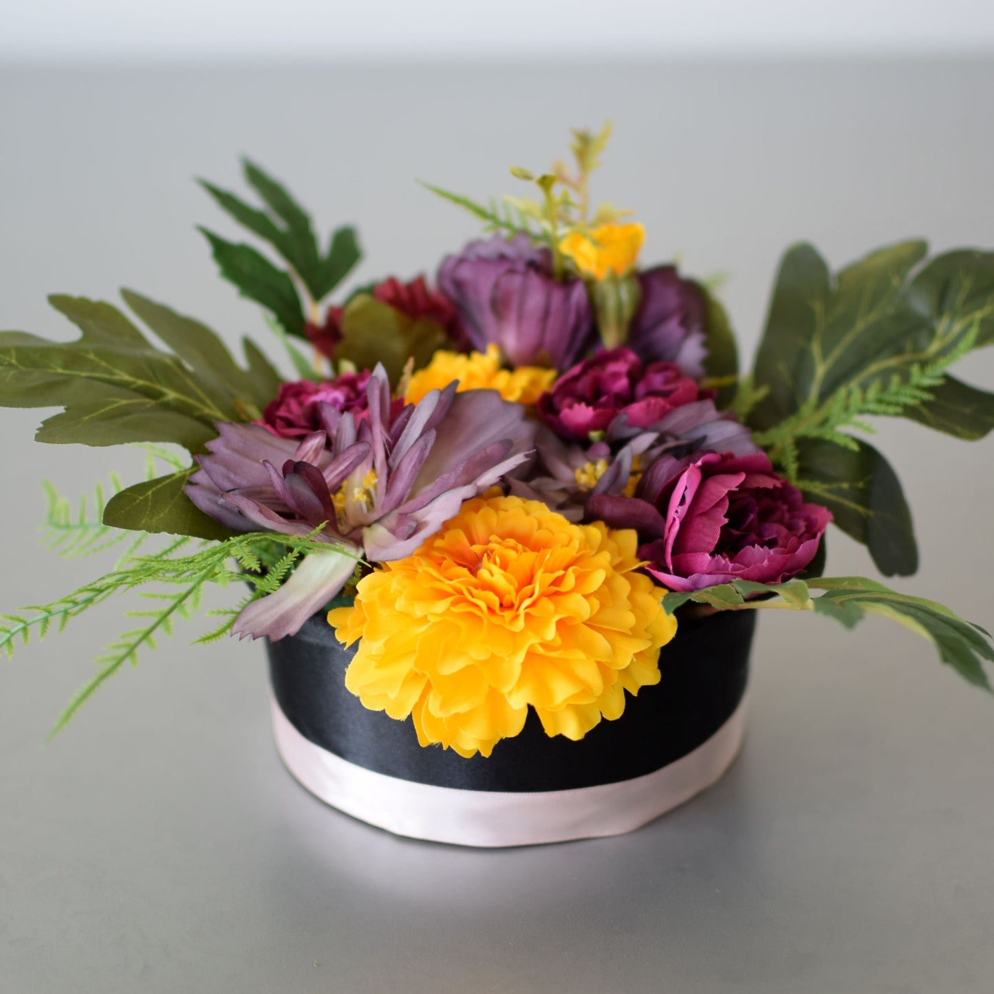 J - October Birth Month Box Bouquet - Marigold and Purple Cosmos